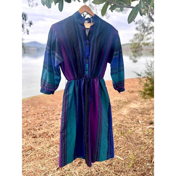 Vintage Straight Line Striped Knee Length Cotton Dress Size 10 - Picture 2 of 10